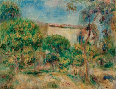 Landschap, het huis gezien vanaf de boerderij door Pierre Auguste Renoir